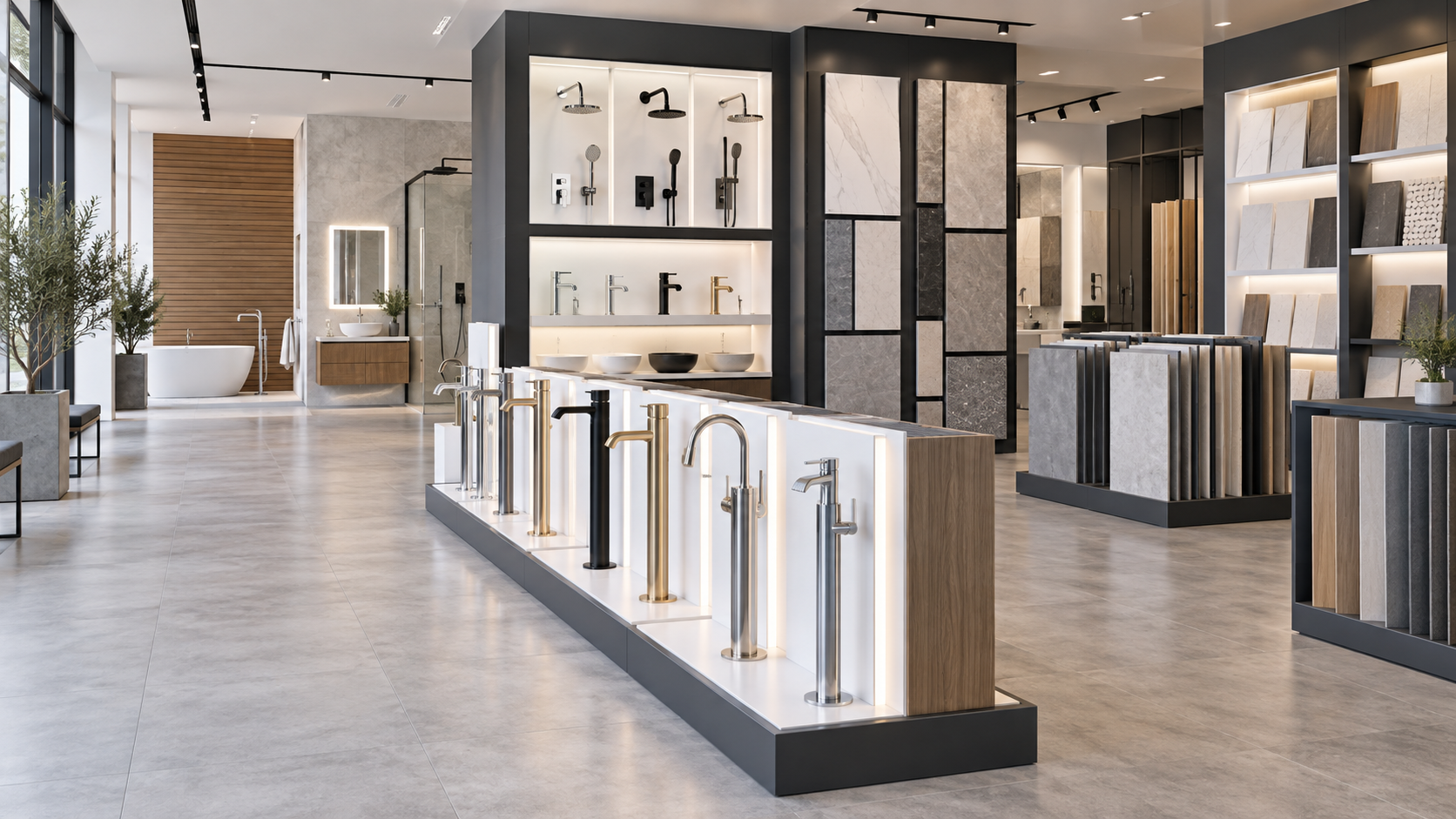Concept showroom with faucet panels, illuminated product displays and tile sample systems
